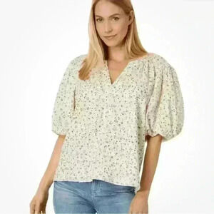 Vince Camuto Blouse Women Medium Cream With Black/gold Detail Raglan Puff Sleeve